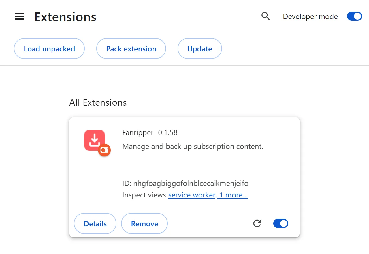 Chrome’s extensions page: Developer mode is switched on at the top right, the Load unpacked button is at the top left, and Fanripper is loaded and switched on.
